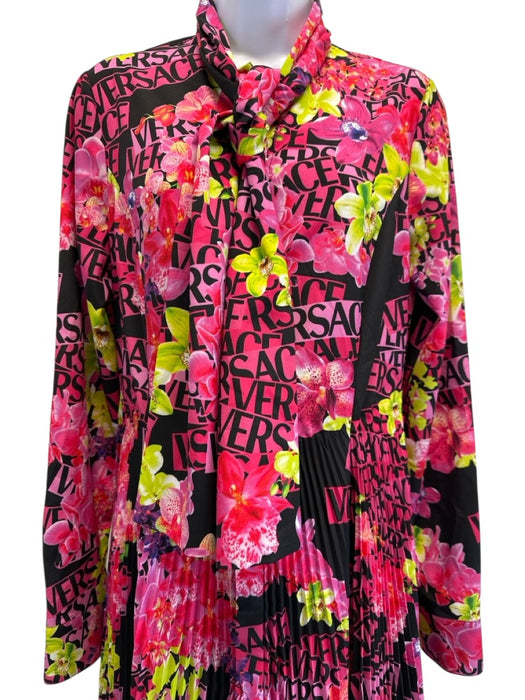 Versace Size 40 Black, Pink & Yellow Polyester Floral Logo Long Sleeve Dress Black, Pink & Yellow / 40