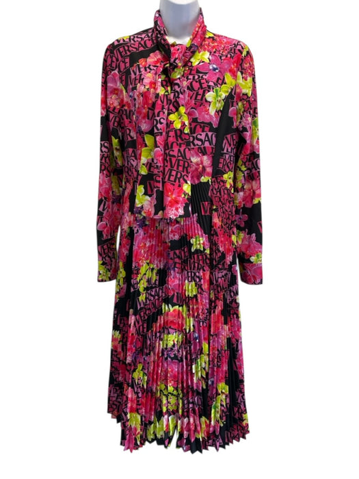 Versace Size 40 Black, Pink & Yellow Polyester Floral Logo Long Sleeve Dress Black, Pink & Yellow / 40