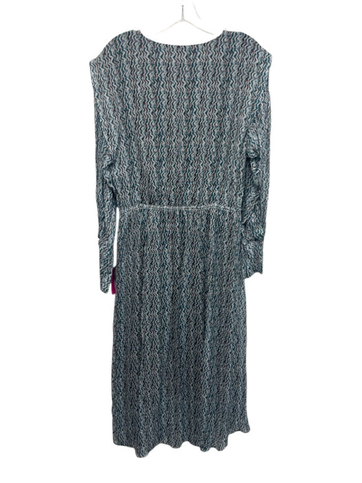 IRO Size 42 White, Teal & Orange Viscose Long Sleeve V Neck Geometric Dress White, Teal & Orange / 42