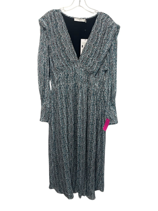 IRO Size 42 White, Teal & Orange Viscose Long Sleeve V Neck Geometric Dress White, Teal & Orange / 42