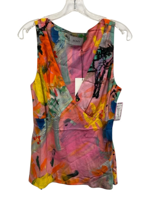 ROMY Size L Pink & Multi Viscose Blend Sleeveless V Neck Gathered Detail Top Pink & Multi / L