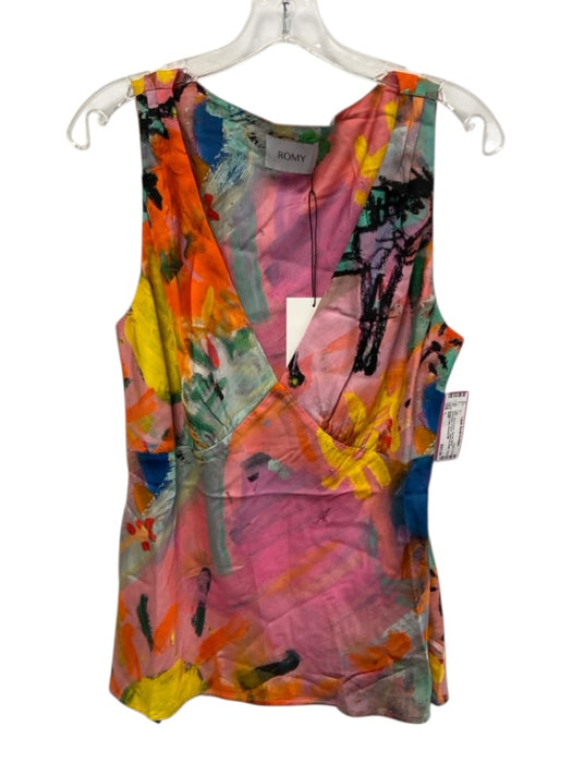 ROMY Size L Pink & Multi Viscose Blend Sleeveless V Neck Gathered Detail Top Pink & Multi / L