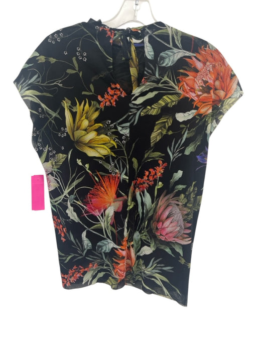 Fuzzi Size XS Black & Multi Nylon Botanical Mesh Overlay Cap Sleeve Top Black & Multi / XS