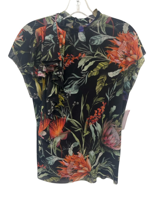 Fuzzi Size XS Black & Multi Nylon Botanical Mesh Overlay Cap Sleeve Top Black & Multi / XS