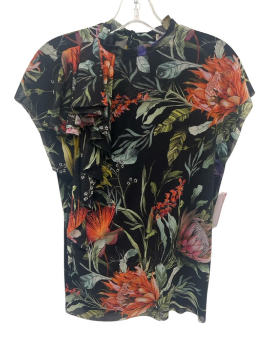 Fuzzi Size XS Black & Multi Nylon Botanical Mesh Overlay Cap Sleeve Top Black & Multi / XS