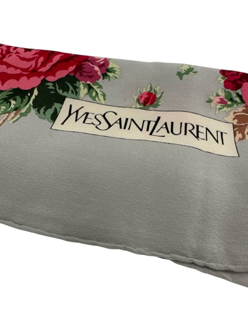 Yves Saint Laurent Gray, Red & Green Silk Roses Square Floral Logo Detail scarf Gray, Red & Green