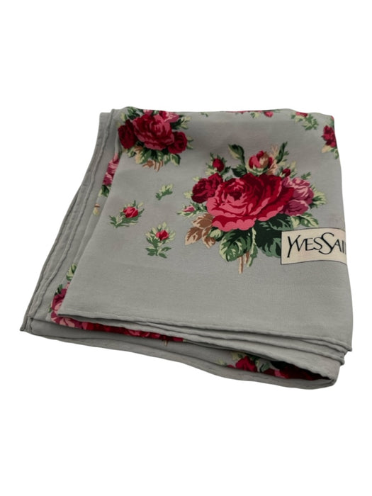 Yves Saint Laurent Gray, Red & Green Silk Roses Square Floral Logo Detail scarf Gray, Red & Green
