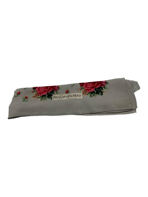 Yves Saint Laurent Gray, Red & Green Silk Roses Square Floral Logo Detail scarf Gray, Red & Green
