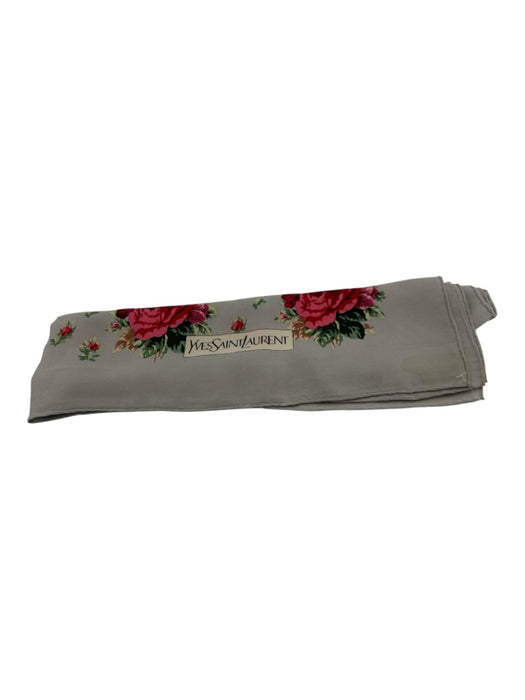 Yves Saint Laurent Gray, Red & Green Silk Roses Square Floral Logo Detail scarf Gray, Red & Green