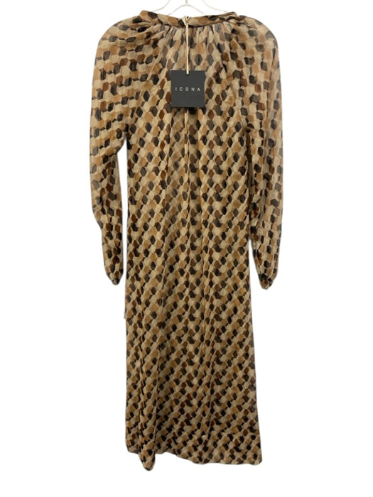 Icona Size 40 Tan, Brown, Black Polyester Long Sleeve Geometric Sheer Maxi Dress Tan, Brown, Black / 40