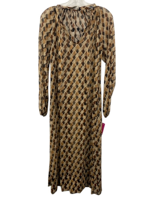 Icona Size 40 Tan, Brown, Black Polyester Long Sleeve Geometric Sheer Maxi Dress Tan, Brown, Black / 40