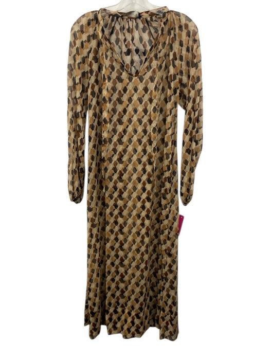 Icona Size 40 Tan, Brown, Black Polyester Long Sleeve Geometric Sheer Maxi Dress Tan, Brown, Black / 40