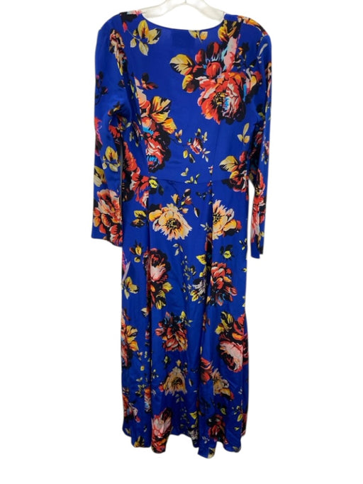 we are LEONE Size S/M Blue & Multi Silk Maxi Long Sleeve Floral Split neck Dress Blue & Multi / S/M