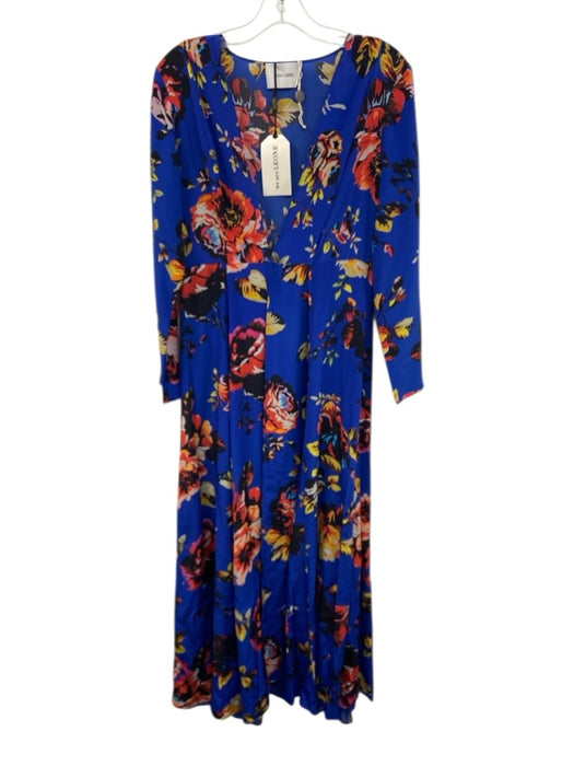 we are LEONE Size S/M Blue & Multi Silk Maxi Long Sleeve Floral Split neck Dress Blue & Multi / S/M