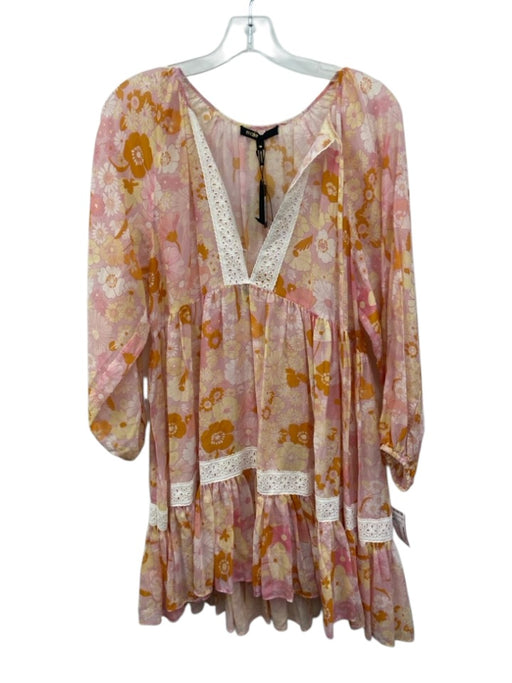 Maje Size 36 Pink & Multi Cotton & Silk Long puff sleeve Slip Inc Floral Dress Pink & Multi / 36
