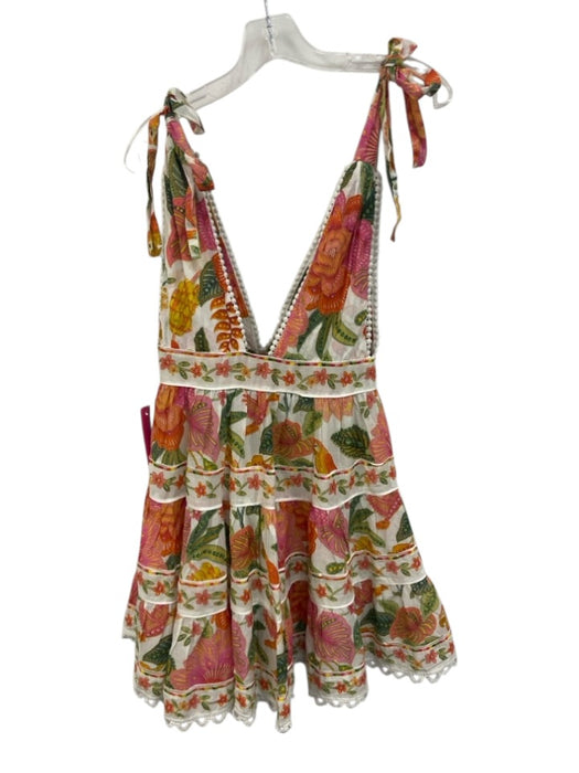 Farm Rio Size S White & Multi Cotton Tie Shoulder V Neck Floral Scalloped Dress White & Multi / S