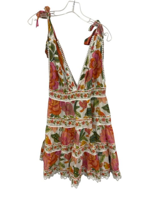 Farm Rio Size S White & Multi Cotton Tie Shoulder V Neck Floral Scalloped Dress White & Multi / S
