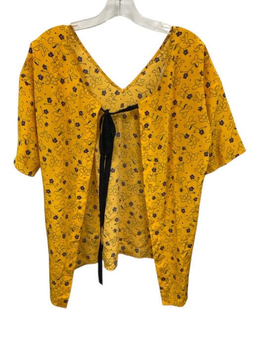 Marni Size 44 Yellow, Purple, Green Silk Short Sleeve Floral Tie Neck Top Yellow, Purple, Green / 44