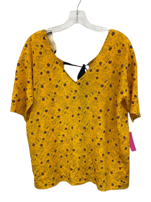 Marni Size 44 Yellow, Purple, Green Silk Short Sleeve Floral Tie Neck Top Yellow, Purple, Green / 44