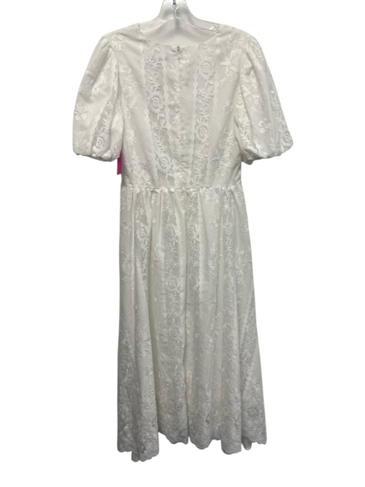 Badgley Mischka Size 6 White Polyester Floral Lace Short Puff Sleeve Dress White / 6