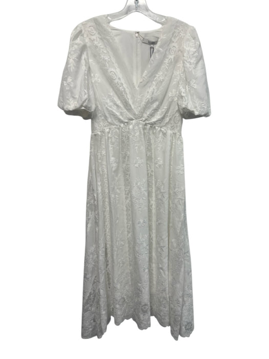 Badgley Mischka Size 6 White Polyester Floral Lace Short Puff Sleeve Dress White / 6