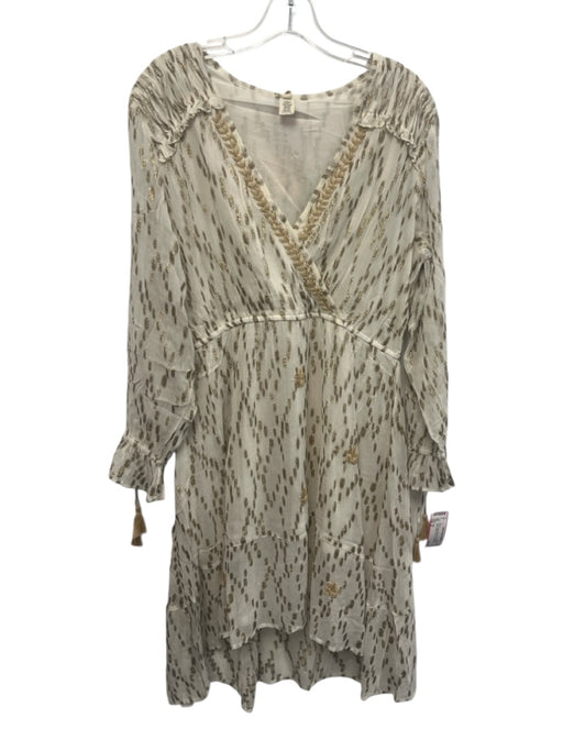 Raga Size M Cream White & Gold Viscose Blend Metallic Thread Wrap V Neck Dress Cream White & Gold / M