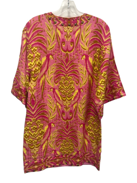 Farm Rio Size S Pink & Yellow Linen Gold Tone Studs V Neck 1/2 sleeve Dress Pink & Yellow / S