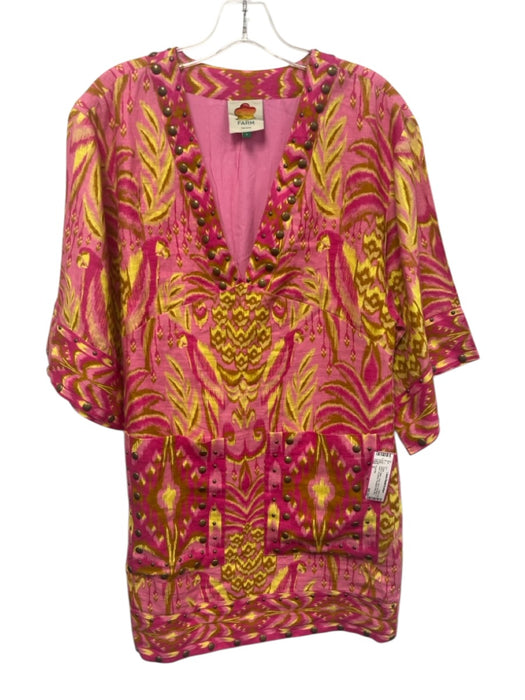Farm Rio Size S Pink & Yellow Linen Gold Tone Studs V Neck 1/2 sleeve Dress Pink & Yellow / S