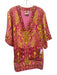 Farm Rio Size S Pink & Yellow Linen Gold Tone Studs V Neck 1/2 sleeve Dress Pink & Yellow / S
