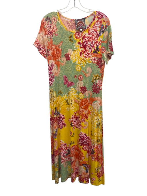 Johnny Was Size M Yellow & Multi Rayon Blend Floral Short Sleeve Butterfly Dress Yellow & Multi / M