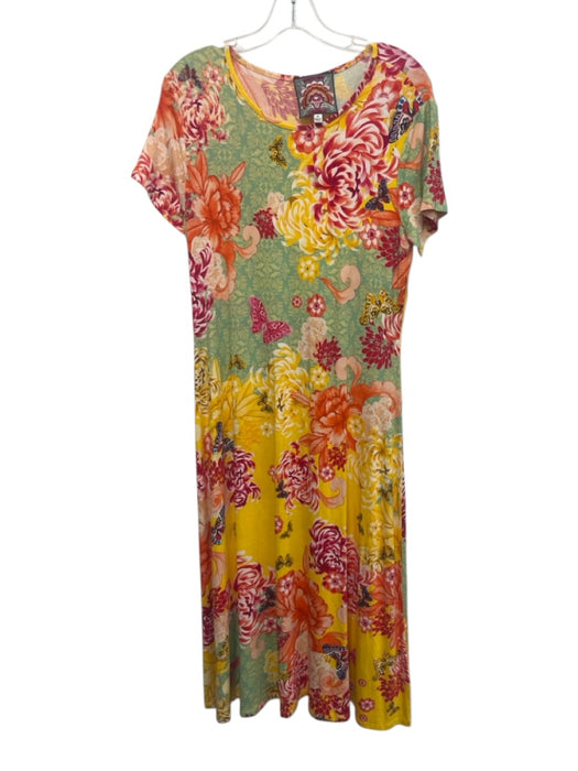 Johnny Was Size M Yellow & Multi Rayon Blend Floral Short Sleeve Butterfly Dress Yellow & Multi / M