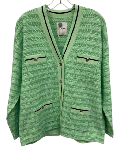 Sandro Size 2 Green & Navy Blue Viscose Blend Knit Striped Button Front Jacket Green & Navy Blue / 2