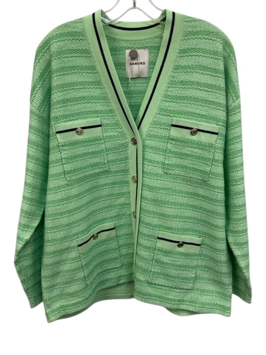 Sandro Size 2 Green & Navy Blue Viscose Blend Knit Striped Button Front Jacket Green & Navy Blue / 2