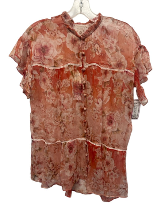 Johnny Was Jade Size XS Red & Beige Silk Sheer Floral Button Front Top Red & Beige / XS