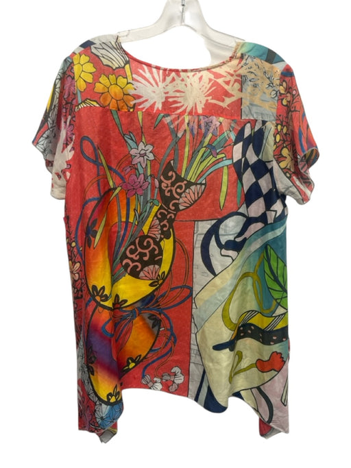 Johnny Was Size M Multi Silk Abstract Botanical Print Short Sleeve U Neck Top Multi / M