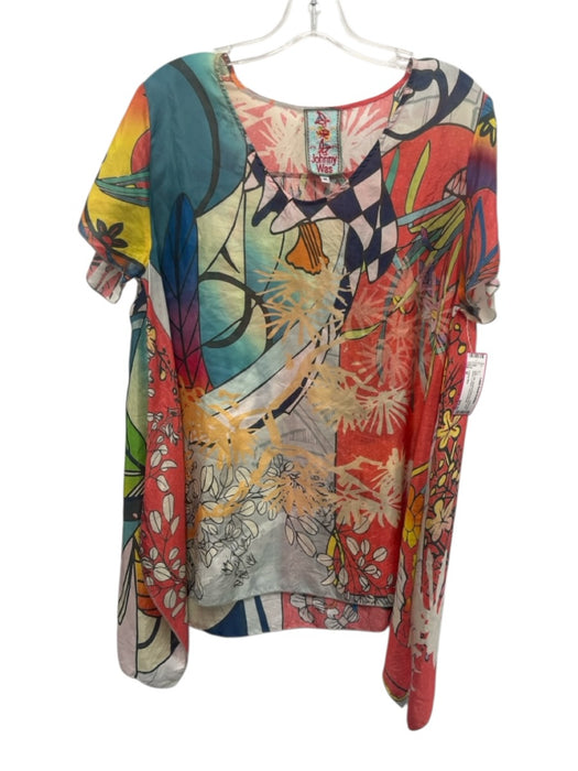 Johnny Was Size M Multi Silk Abstract Botanical Print Short Sleeve U Neck Top Multi / M