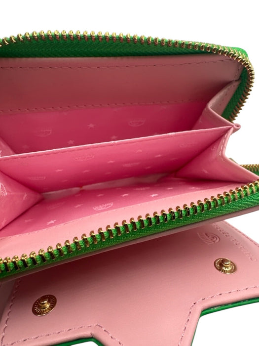 Chiara Ferragni Green & Pink PU Leather Snap Button Closure Flap Eye Wallets Green & Pink