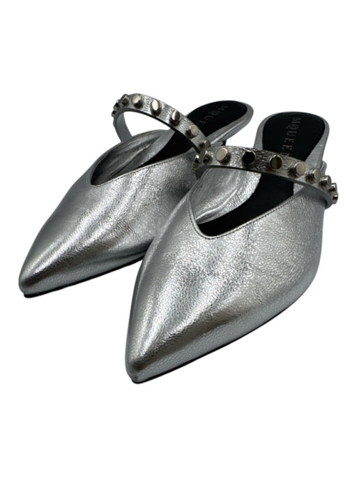 Alexander McQueen Shoe Size 35.5 Silver Leather Upper Metallic Stud Detail Mules Silver / 35.5