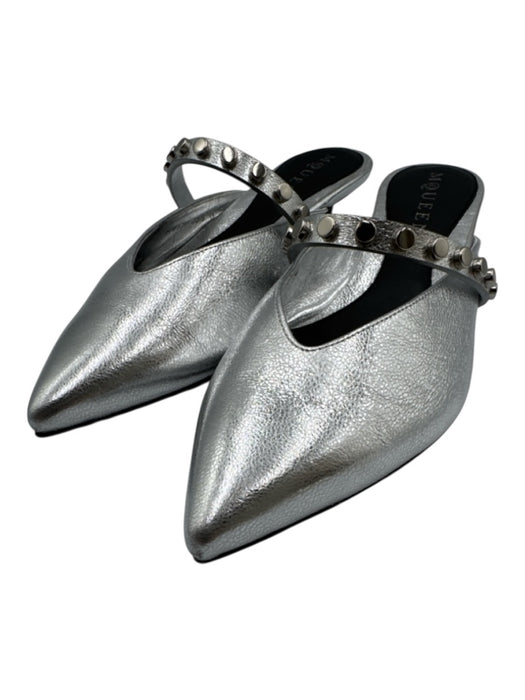 Alexander McQueen Shoe Size 35.5 Silver Leather Upper Metallic Stud Detail Mules Silver / 35.5
