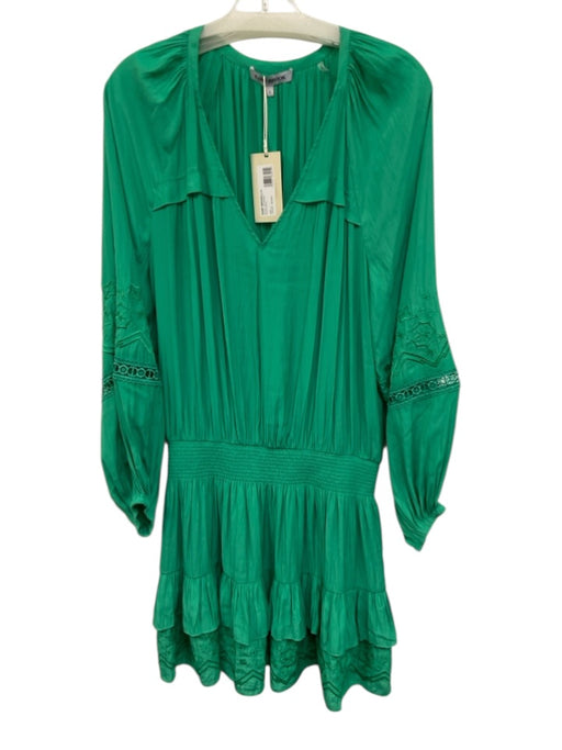 Ramy Brook Size L Green Polyester Long Balloon Sleeve V Neck Shirred Waist Dress Green / L
