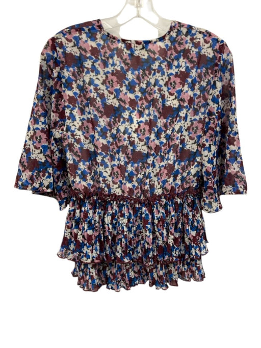 Ganni Size 36 White, Purple & Blue Polyester Floral 1/2 Sleeve V Neck Top White, Purple & Blue / 36