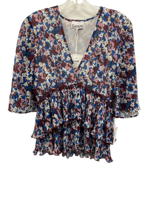 Ganni Size 36 White, Purple & Blue Polyester Floral 1/2 Sleeve V Neck Top White, Purple & Blue / 36