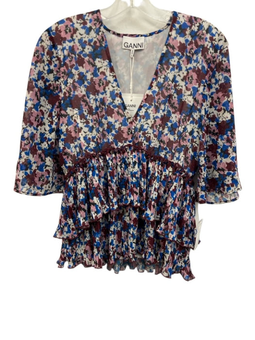 Ganni Size 36 White, Purple & Blue Polyester Floral 1/2 Sleeve V Neck Top White, Purple & Blue / 36