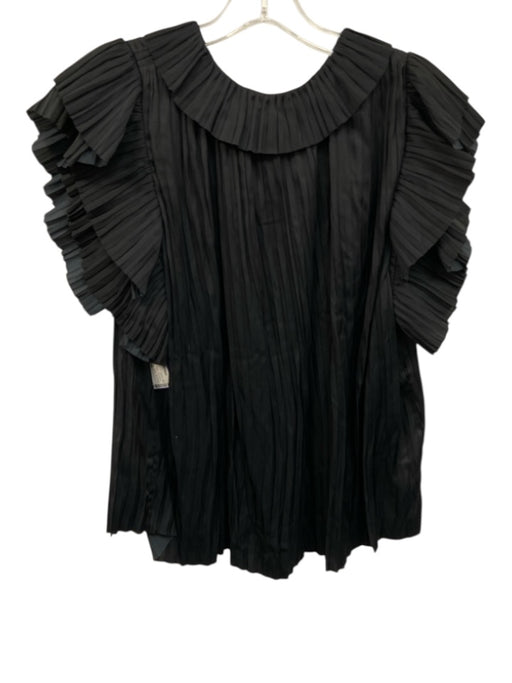 Ulla Johnson Size 14 Black Polyester Satin Accordion Pleat Tie V Neck Top Black / 14