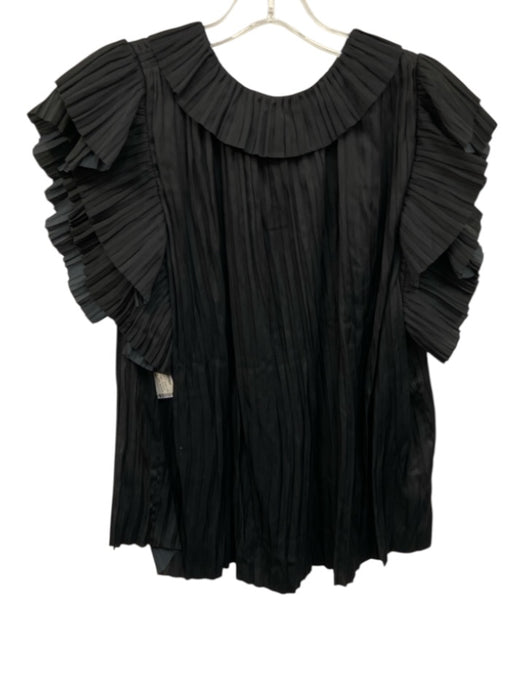 Ulla Johnson Size 14 Black Polyester Satin Accordion Pleat Tie V Neck Top Black / 14