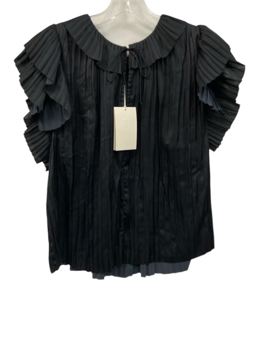 Ulla Johnson Size 14 Black Polyester Satin Accordion Pleat Tie V Neck Top Black / 14