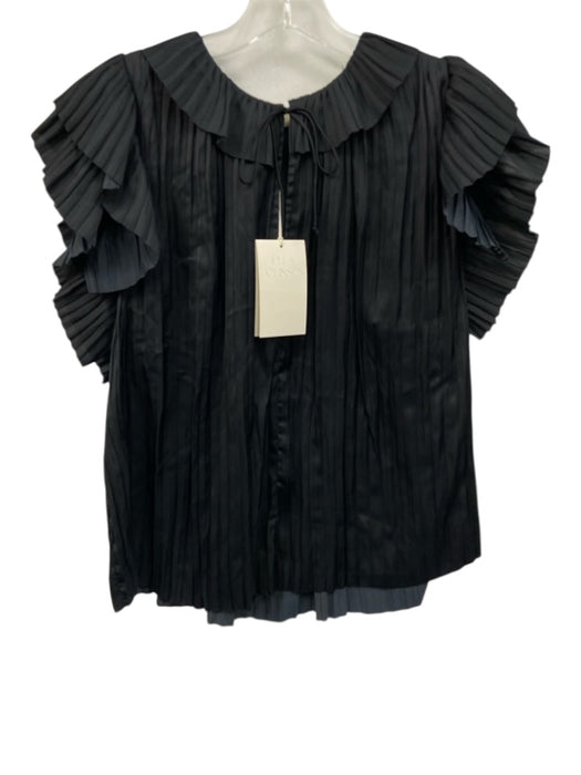 Ulla Johnson Size 14 Black Polyester Satin Accordion Pleat Tie V Neck Top Black / 14
