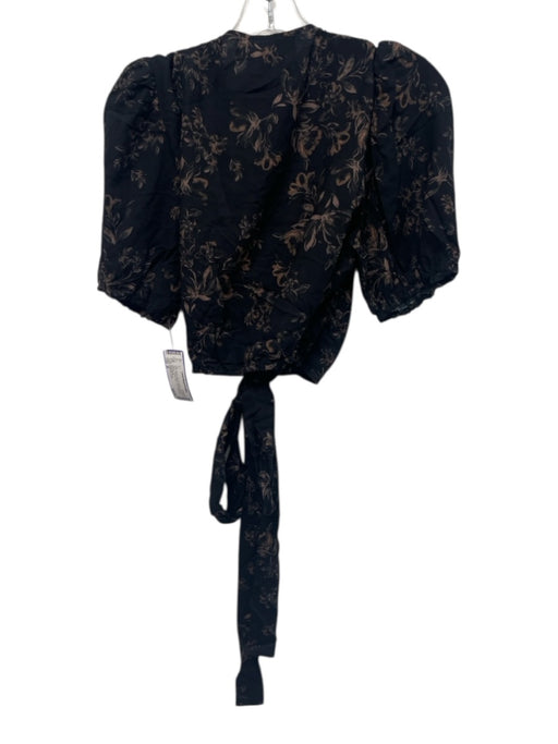 saltwater LUXE Size M Black & Brown Rayon Short Puff Sleeve Floral Wrap Crop Top Black & Brown / M