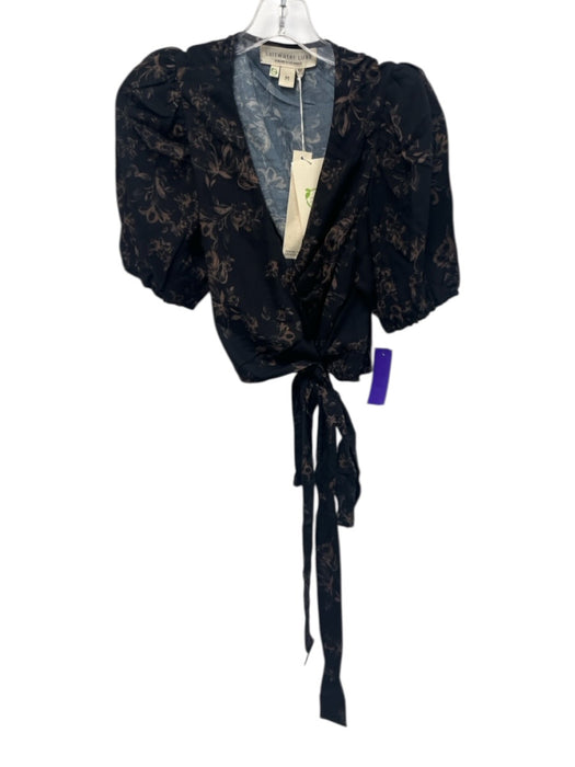 saltwater LUXE Size M Black & Brown Rayon Short Puff Sleeve Floral Wrap Crop Top Black & Brown / M