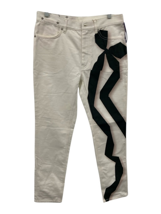 Dries Van Noten Size 27 Cream White & Black Cotton Denim Bow Print Slim Jeans Cream White & Black / 27